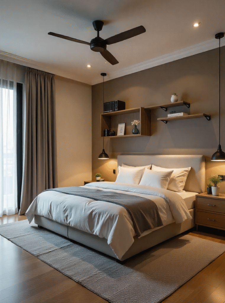 bedroom wall design, floating shelves