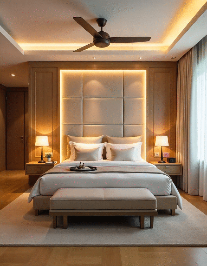 bedroom wall design, headboard with built in light