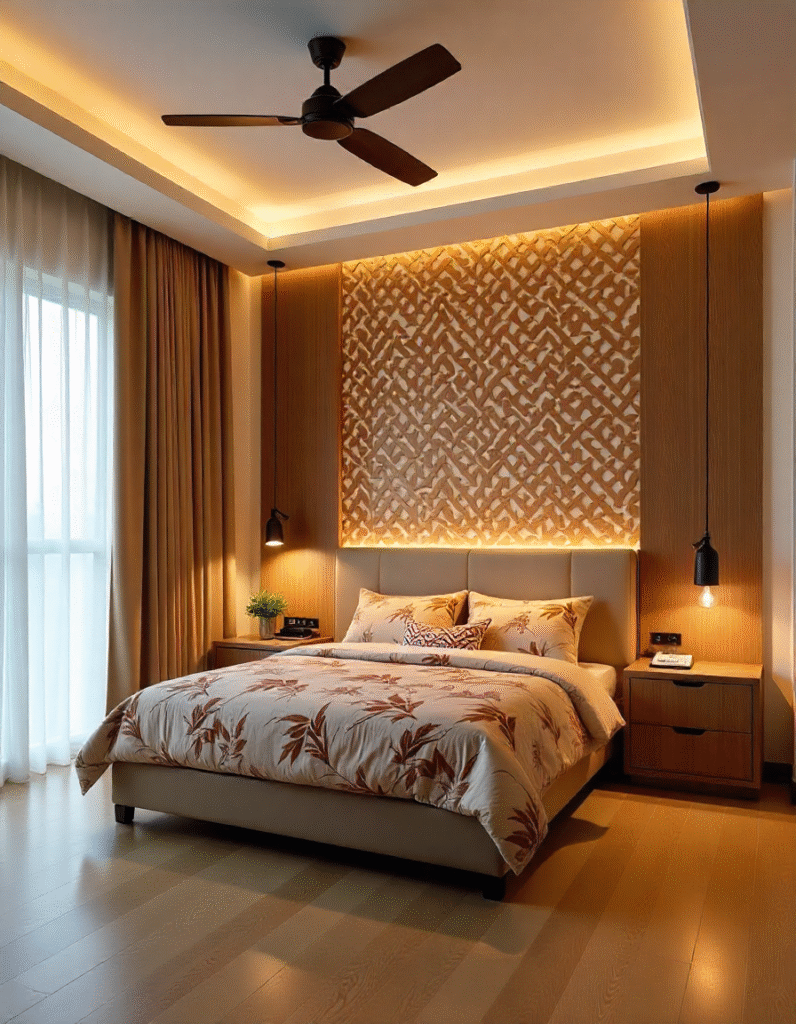 bedroom wall design, bamboo, wooden latice